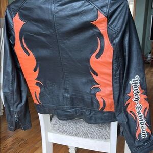 Vintage Harley Davidson Black and Orange Leather Jacket with Flame Design